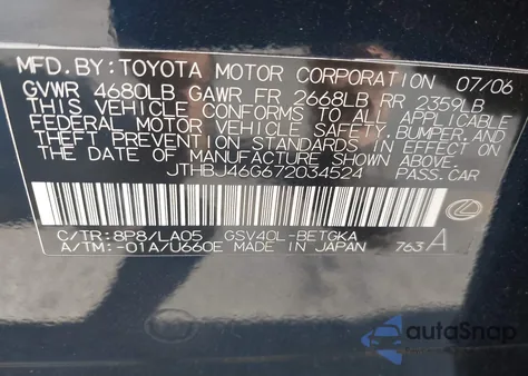 2007 Lexus Es 350 z USA, uszkodzony, nr VIN JTHBJ46G672034524